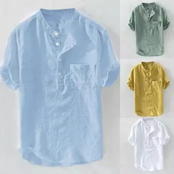 Мужская летняя новая хлопковая конопляная пуговица с короткими рукавами, модная большая блузка, топ