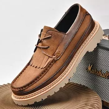 Мужская летняя новая обувь 2025 года на платформе в британском стиле, повседневная обувь высокого класса, мужская обувь для путешествий на открытом воздухе со шнуровкой из кожи Tide 38 коричневый