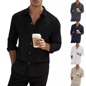 Мужская летняя новая свободная рубашка с длинным рукавом с принтом, кардиган, пляжная рубашка L чёрный