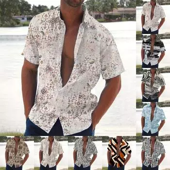 Мужская летняя новая свободная рубашка с коротким рукавом с принтом, кардиган, пляжная рубашка L бежевый