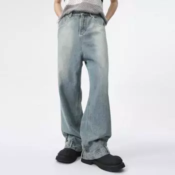 Мужская летняя новинка, нишевый перевернутый дизайн, привлекательные и гофрированные, прямые джинсы свободного кроя S синий