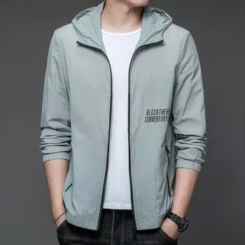 Мужская летняя, новый стиль, карман с боковым швом, повседневная тонкая молодежная куртка на молнии с капюшоном и защитой от солнца M