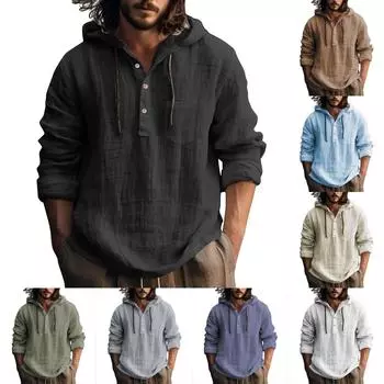 Мужская летняя однотонная хлопковая льняная куртка с длинным рукавом и капюшоном на пуговицах L армия зеленый