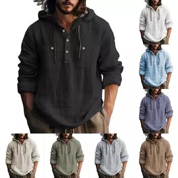 Мужская летняя однотонная куртка с карманами из хлопка и льна с длинным рукавом, на пуговицах, с капюшоном XXL коричневый