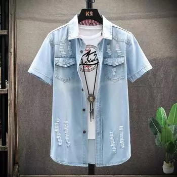 Мужская летняя однотонная модная джинсовая рубашка с короткими рукавами с лацканами, молодежный облегающий мужской топ XXXXL синий