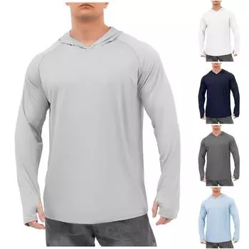 Мужская летняя однотонная одежда с длинными рукавами и капюшоном от солнца, легкая одежда с длинными рукавами от солнца M тёмно-синий