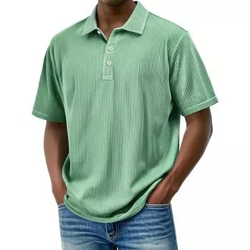 Мужская летняя однотонная полосатая текстурированная рубашка с пуговицами на воротнике, свободного кроя, с коротким рукавом XXL зелёный