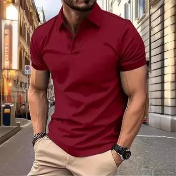 Мужская летняя однотонная приталенная футболка в европейском и американском стиле с коротким рукавом и отложным воротником S