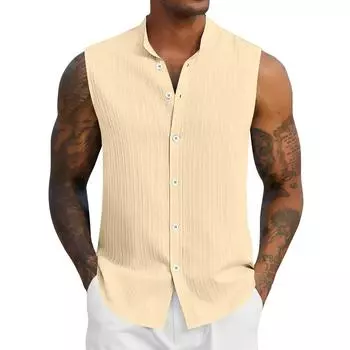 Мужская летняя однотонная рубашка без рукавов со стойкой воротником, мужская повседневная модная рубашка без рукавов M бежевый