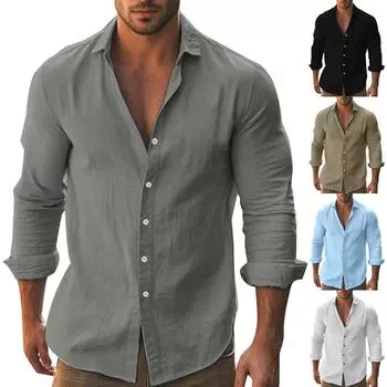 Мужская летняя однотонная рубашка с длинным рукавом из хлопка и льна с лацканами и пуговицами L