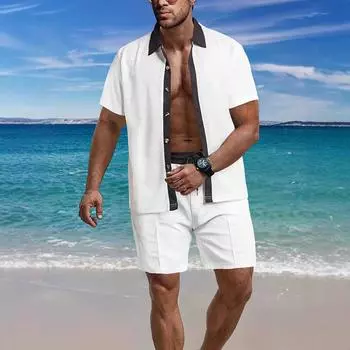 Мужская летняя однотонная рубашка с коротким рукавом и лацканами на пуговицах, комплект из шорт M белый