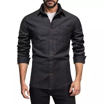 Мужская летняя однотонная рубашка с лацканами и длинными рукавами, мужская повседневная модная рубашка с длинными рукавами L чёрный