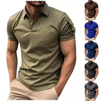 Мужская летняя однотонная рубашка с пуговицами на лацканах и карманами на рукавах, спортивная рубашка L чёрный