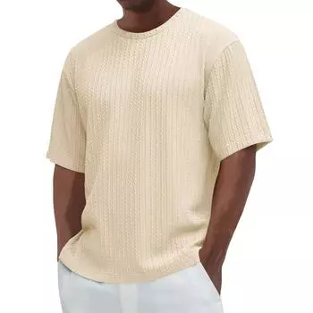 Мужская летняя однотонная текстурированная рубашка с круглым вырезом и коротким рукавом, мужская повседневная модная рубашка L бежевый