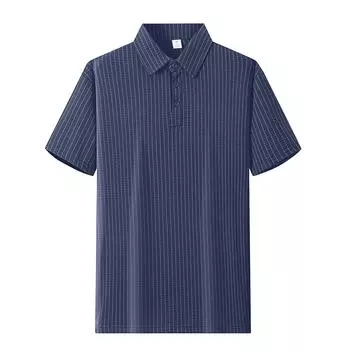 Мужская летняя однотонная текстурированная рубашка с пуговицами на воротнике, свободного кроя, с коротким рукавом M синий