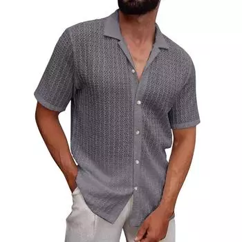Мужская летняя однотонная трикотажная рубашка с лацканами, с полым дышащим узором и пуговицами, с короткими рукавами S
