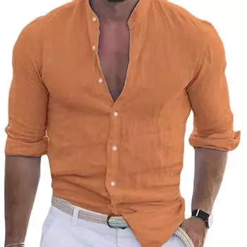 Мужская летняя осенняя белая рубашка, мужская хлопковая льняная рубашка с длинным рукавом, однотонная одежда M светло-синий