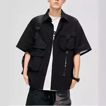 Мужская летняя персонализированная красивая рабочая рубашка с короткими рукавами, свободная повседневная рубашка с воротником и несколькими карманами для улицы 3XL чёрный