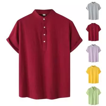 Мужская летняя пляжная повседневная хлопковая льняная рубашка-поло с воротником-стойкой, толстовка с короткими рукавами XL фиолетовый