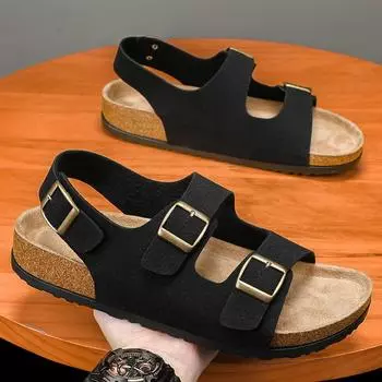 Мужская летняя пляжная прогулочная обувь, кожаная модная обувь, мужские сандалии с пряжками, классические мужские роскошные тапочки, универсальные уличные Pantuflas 35