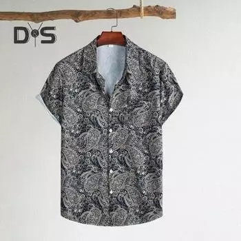 Мужская летняя пляжная рубашка с цветочным принтом и лацканами, свободный мягкий однобортный нагрудный карман с короткими рукавами, гавайский топ средней длины для отпуска M серый