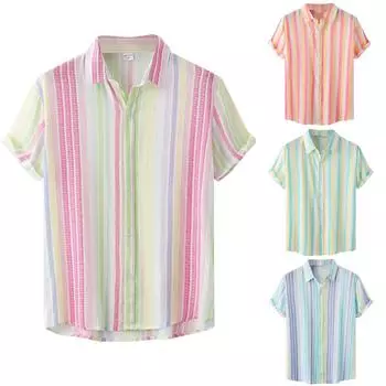 Мужская летняя полосатая хлопково-льняная пляжная рубашка с короткими рукавами и принтом, повседневная рубашка с лацканами L розовый