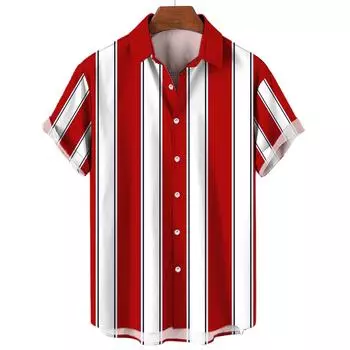 Мужская летняя полосатая повседневная рубашка с гавайским 3D-принтом, с коротким рукавом, пляжная одежда, отпускная мода, социальный лацкан на пуговицах S