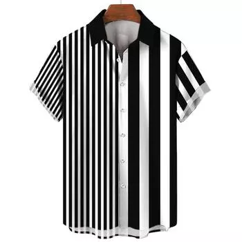 Мужская летняя полосатая повседневная рубашка с гавайским 3D-принтом, с коротким рукавом, пляжная одежда, отпускная мода, социальный отложной воротник на пуговицах, одежда оверсайз S