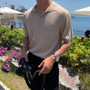 Мужская летняя полосатая рубашка поло с V-образным вырезом — облегающий крой, короткий рукав, трикотаж Ice Silk 3XL абрикосовый