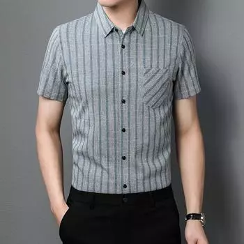 Мужская летняя полосатая серая хлопковая повседневная рубашка в полоску с коротким рукавом, тонкая летняя рубашка в полоску для молодежи M