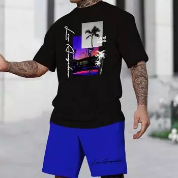Мужская летняя повседневная футболка Manfinity RSRT с коротким рукавом и принтом пальмовых букв и шорты на шнурке S