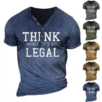 Мужская летняя повседневная футболка с буквенным принтом и пуговицами с V-образным вырезом и коротким рукавом, мужские топы L