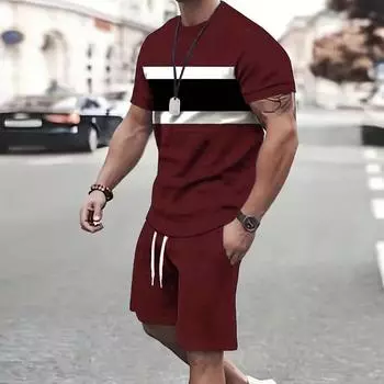 Мужская летняя повседневная футболка с круглым вырезом и коротким рукавом с принтом в полоску и комплект шорт на талии с завязками S