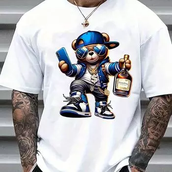 Мужская летняя повседневная футболка с круглым вырезом и коротким рукавом с принтом мультяшного медведя S
