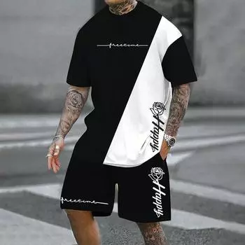 Мужская летняя повседневная футболка с круглым вырезом, коротким рукавом, принтом в виде 3D-букв и цветов, комплект шорт на шнурке, спортивная одежда S