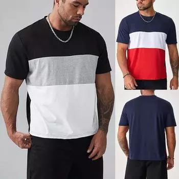 Мужская летняя повседневная футболка с круглым вырезом и короткими рукавами в стиле пэчворк, легкая простая повседневная рубашка S чёрный
