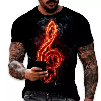 Мужская летняя повседневная футболка с рисунком музыкальных нот, интересный уличный тренд с 3D-принтом, большой размер, с круглым вырезом и коротким рукавом S