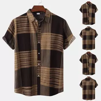 Мужская летняя повседневная хлопково-льняная рубашка с короткими рукавами и принтом, клетчатый топ с лацканами L коричневый