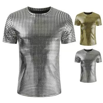 Мужская летняя повседневная клетчатая футболка с короткими рукавами и круглым вырезом, яркая тонкая футболка L серебряный