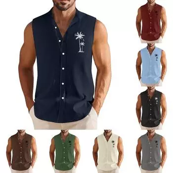 Мужская летняя повседневная модная рубашка без рукавов с гавайским принтом на пуговицах L чёрный