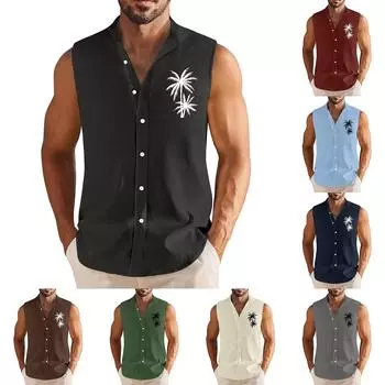 Мужская летняя повседневная модная рубашка без рукавов с гавайским принтом на пуговицах L чёрный