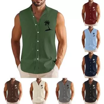 Мужская летняя повседневная модная рубашка без рукавов с гавайским принтом на пуговицах L чёрный