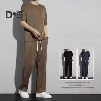 Мужская летняя повседневная одежда из 2 шт./компл., футболка с коротким рукавом и эластичным шнурком на талии, широкие длинные брюки, комплект, однотонный повседневный наряд L светло-серый