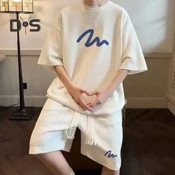 Мужская летняя повседневная одежда из 2 шт./компл., футболка с коротким рукавом и эластичным шнурком на талии, широкие шорты, комплект спортивной одежды с буквенным принтом L серый