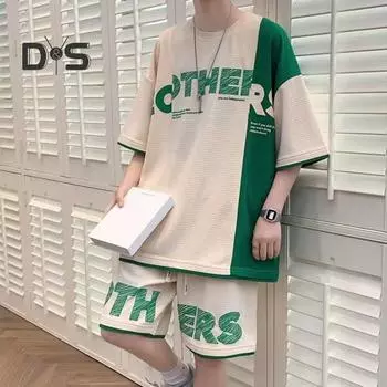 Мужская летняя повседневная одежда из 2 шт./компл., футболка с коротким рукавом и эластичной резинкой на талии, широкие шорты, комплект в стиле пэчворк, цветной спортивная одежда с буквенным принтом XL бежевый