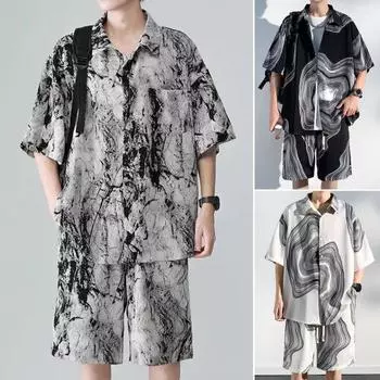 Мужская летняя повседневная одежда из 2 шт./компл., однобортная рубашка с короткими рукавами и эластичным шнурком на талии, широкие шорты M черный белый