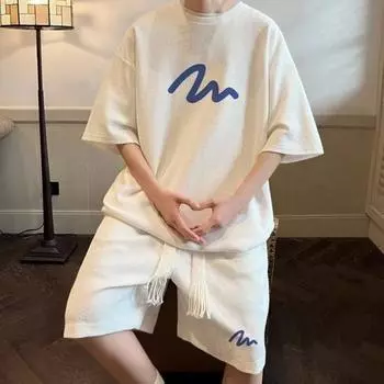 Мужская летняя повседневная одежда из 2 шт./компл., футболка с коротким рукавом и эластичным шнурком на талии, широкие шорты, комплект спортивной одежды с буквенным принтом M белый