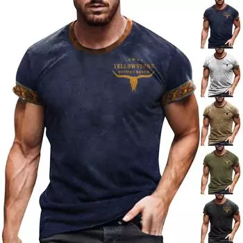 Мужская летняя повседневная однотонная мужская футболка с коротким рукавом и буквенным принтом, пуловер XL тёмно-синий