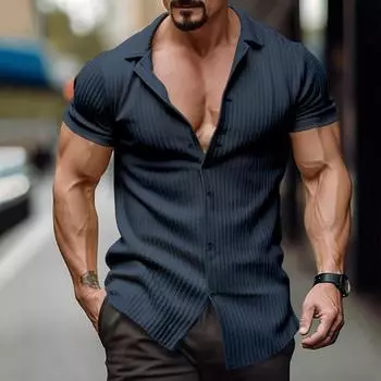 Мужская летняя повседневная рубашка, модная однотонная вертикальная рубашка на пуговицах, вязаная мужская рубашка с откидным воротником с коротким рукавом M чёрный