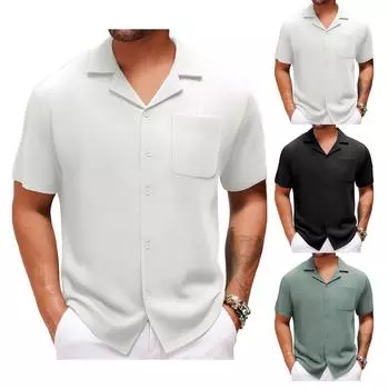 Мужская летняя повседневная рубашка однотонного цвета с короткими рукавами и кубинским воротником XXXL зелёный